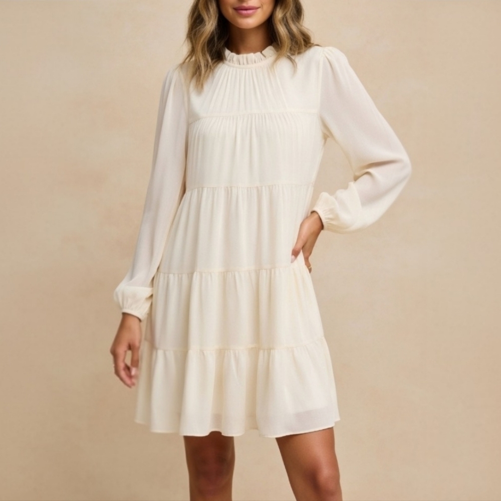 Babydoll Mock Neck Long Sleeve Tiered Mini Dress Cream Womens Size M Victorian